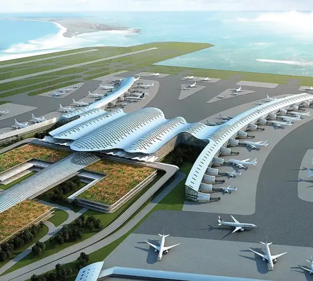 Aerial render of a planned international airport
