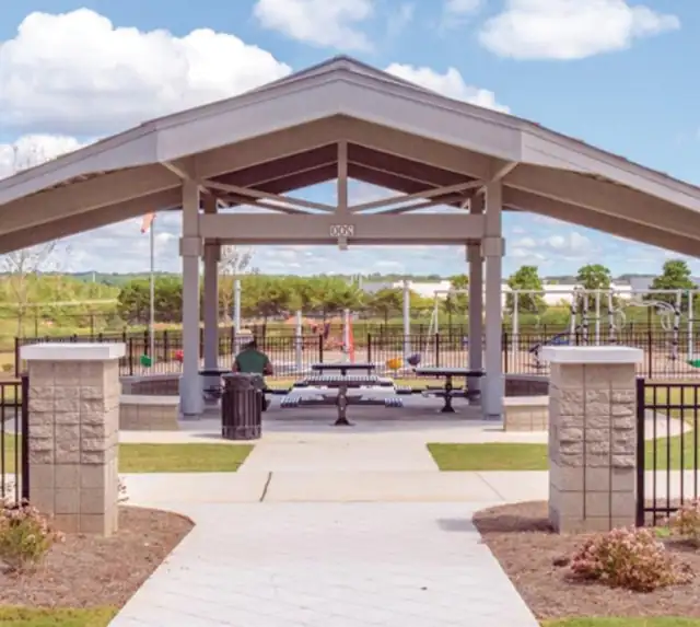 Pavilion over a paved walkway